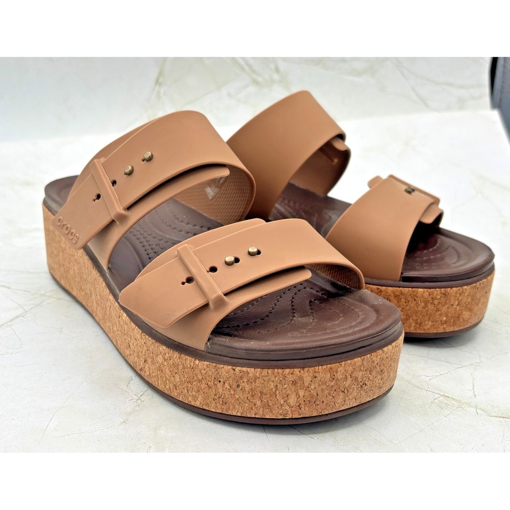 Crocs Women's Brooklyn Cork Buckle Sandals Milk Chocolate Brown US SIZE 8 EUC